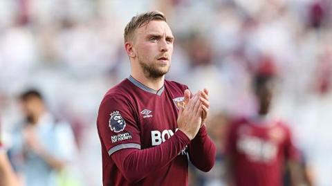 West Ham United forward Jarrod Bowen applauding the fans at the end of the match after his side's relegation from the Premier League was confirmed.