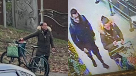 CCTV images showing a woman wearing a green coat, and a man wearing a blue coat. Both images are quite pixellated and hard to identify