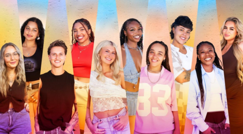 All 10 of the cast are standing and posing for pictures left to right. They are pictured in a triangluar box wearing casual clothing. All of them are smiling with only one person wearing glasses. Three of the women have blonde hair while the rest have black or brown hair.