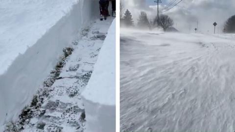 A deep furrow in the snow is in split screen with a snow covered road.