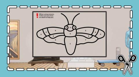 Line drawing of a butterfly to cut out and customise, overlaid on an art gallery setting with paintings and storage.