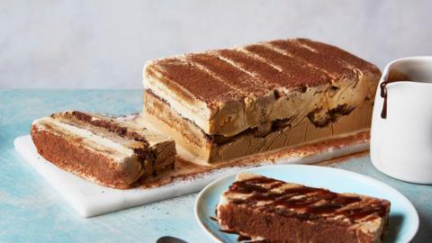 A long, rectangular layered ice cream dessert reminiscent of a tiramisu, covered in cocoa powder, with a slice removed and a jug of chocolate sauce alongside