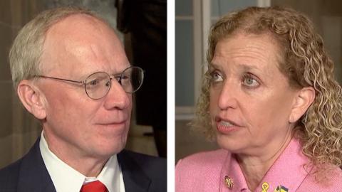 John Rose on the left side of the screen and Debbie Wasserman Schultz on the right.