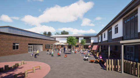 A school playground can be seen in this artist impression. There is an area with a pink floor and wooden walking blocks. Children are playing as buildings surround them with some trees in the playground.