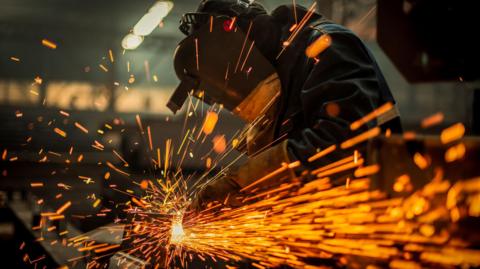 Metal worker using a grinder and sending up a shower of sparks