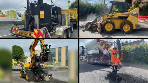 Four vehicles designed to repair potholes. One on a trailer, two yellow 'digger' style machines, and a truck with a pothole filling machine on the back