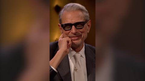 Jeff Goldblum smiles. He is wearing a white shirt and tie with a dark grey jacket, and black glasses with thick rims.