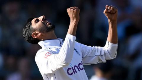 Shoaib Bashir celebrates a wicket