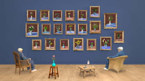 David Hockney 25th June 2022, Looking at the Flowers (Framed) - an iPad-created drawing features two images of the artist looking at pictures of flowers on a wall.