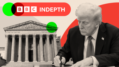 Edited image of Donald Trump signing an order, alongside a photo of the Supreme Court