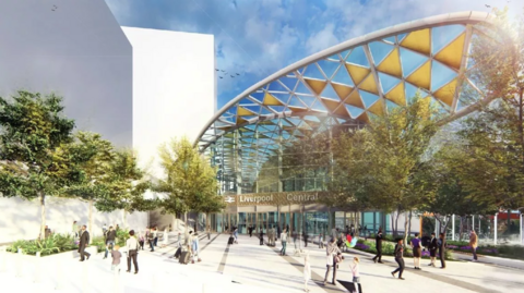 Artit's impressionof how Liverpool Central station entrance could look with a huge glass roof - with gold-coloured triangles - looming over. Trees line the walk to the station, which shows people milling around.