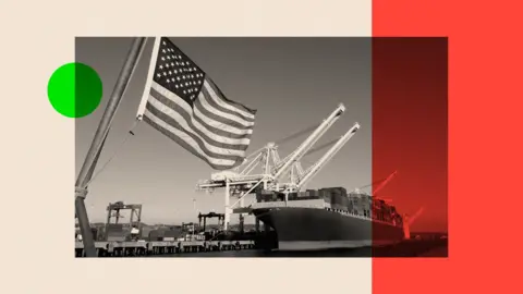 An American flag to the side of a shipping port
