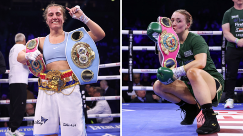 Split image of Ellie Scotney with her world titles and Rhiannon Dixon kissing her belt