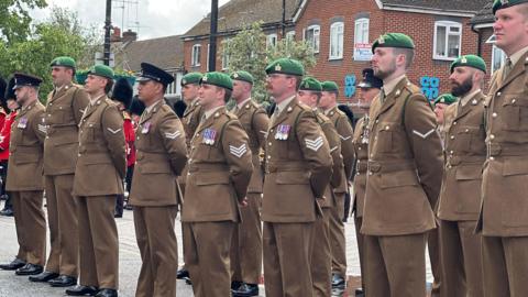 A general view of the front three lines of soldiers receiving the freedom of Thatcham during a ceremony. 