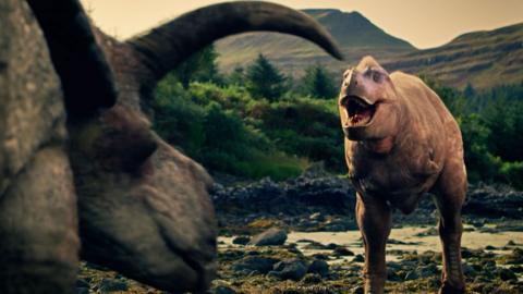 Two different dinosaurs confront each other.