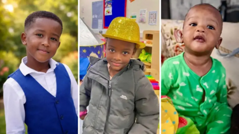 A collage picture of three children. On the left is one wearing a blue waistcoat over a white shirt. The middle child is wearing a yellow sparkly hat and a grey jacket and the third child is very young and is wearing a green and white romper suit