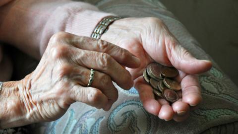 Elderly person's hands with pound coins