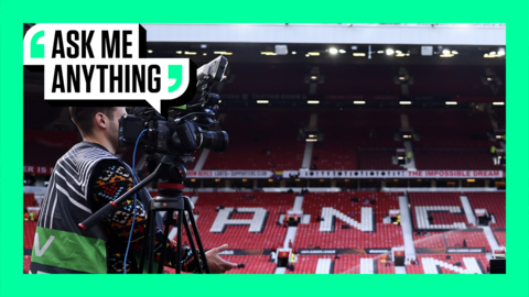 Camera at Old Trafford surrounded by green ask me anything branded border