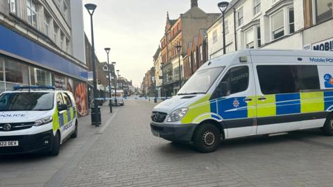 An image of the police cordon in St Peter's Street, Derby. 
