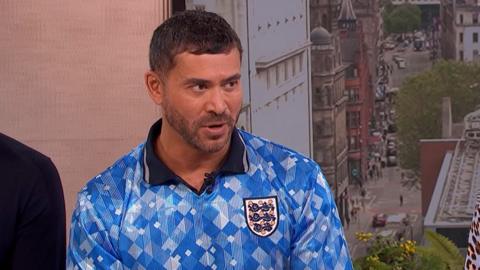 Rav Wilding wearing a blue England football shirt on Morning Live