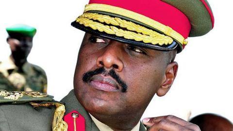 The son of Uganda's President Yoweri Museveni, Major General Muhoozi Kainerugaba attends a ceremony in which he was promoted from Brigadier to Major General at the country's military headquarters in Kampala on May 25, 2016. 