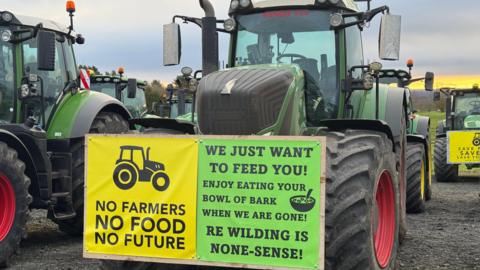 A picture of a tractor with a sign on it saying No Farmers, No Food, No Future.