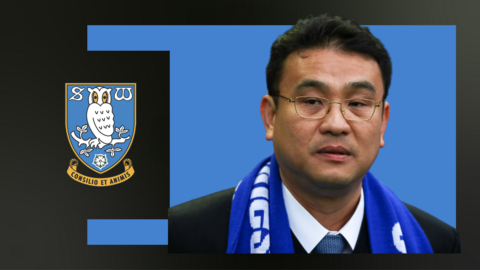 Photo of Sheffield Wednesday owner Dejphon Chansiri alongside club badge
