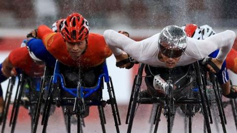 Swiss wheelchair racer Marcel Hug in action at the Tokyo Paralympics