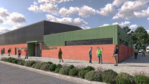 A computer-generated image of a large building whish is brick on the lower level and green and black on the upper level. People can be seen walking around the building, some talking to each other. 