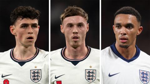 A composite shows headshots of three players wearing England kits while on-field - on the left Phil Foden, in the centre Cole Palmer and on the right Trent Alexander-Arnold.