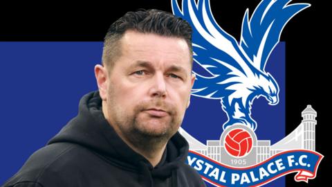 A graphic of Pierre Sage in front of a blue and black background and the Crystal Palace club crest
