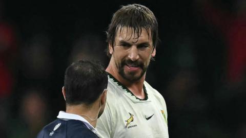 Eben Etzebeth talks to referee Luc Ramos after being sent off in South Africa's win against Wales