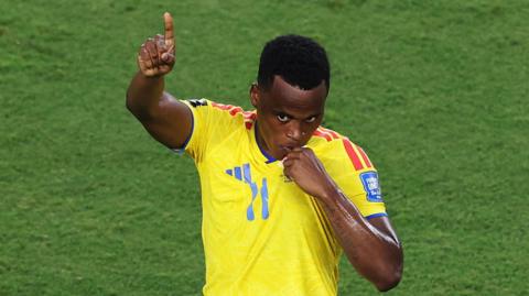 Jhon Arias of Colombia celebrates