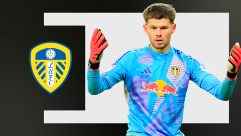 An image of Illan Meslier with hands raised in frustration in front of a white background and Leeds crest