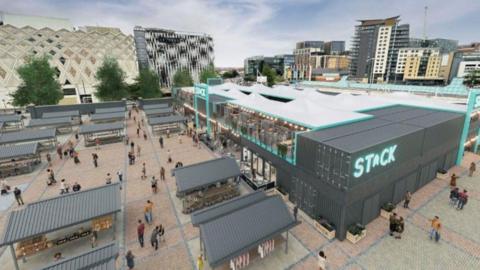 A CGI photo shoes a stack of shipping containers next to a outdoor market