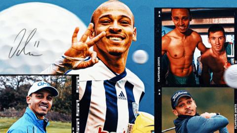 A stylised composite image on a blue background with white golf balls on it, the image contains two small pictures in celluloid film style boxes of Peter Odemwingie in cap playing golf, while there is also a small image of a shirtless Odemwingie with Lionel Messi post-match, and a main central image of Odemwingie in West Brom kit smiling into the camera and holding up three fingers