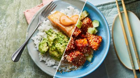 Miso salmon rice bowl, Spicy salmon rice bowl