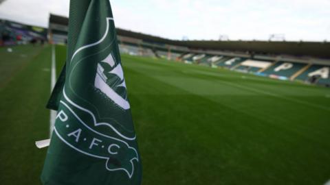 Plymouth Argyle crest on a corner flag at Home Park