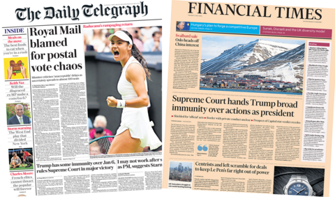 The headline in the Telegraph reads "Royal Mail blamed for postal vote chaos" while the headline in the Financial Times reads "Supreme Court hands Trump broad immunity over actions as president"