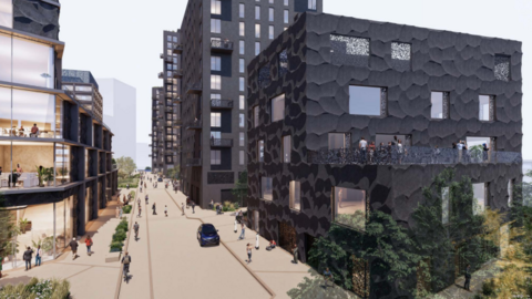 A computer generated image showing black housing blocks and windows, street scene and a road, and offices.