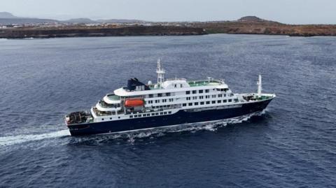 A drone view of cruise ship MV Hondius sailing from Cape Verde.
