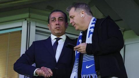 Chelsea co-owners Behdad Eghbali and Todd Boehly before the UEFA Champions League 2025/26 Round of 16 Second Leg match between Chelsea FC and Paris Saint-Germain FC at Stamford Bridge