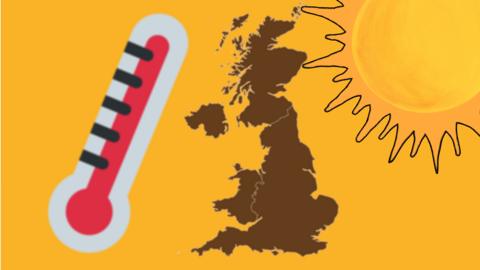 A thermometer, landmass of the UK and a sun on a Sand coloured yellow background. 