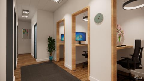 An artist's impression shows a number of small rooms on a corridor with open doors. Inside are desks with computers.