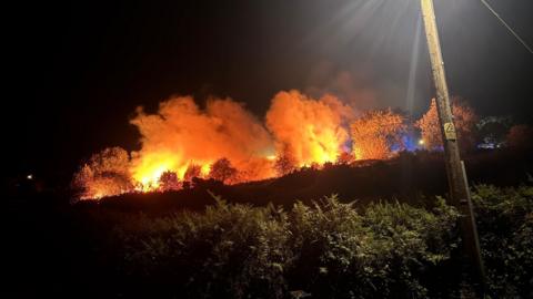 Large orange flames from a fire on a common area in Devon head up towards the sky. Smoke is also drifting up towards the night sky. A telegraph pole in the foreground. Trees and gorse are in the area.