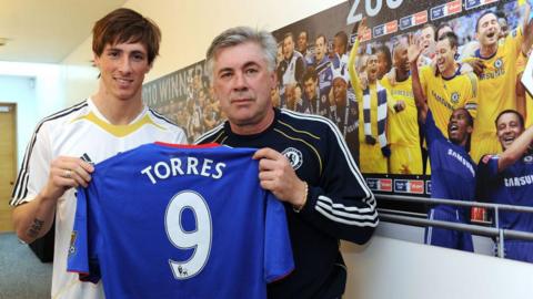 Manager Carlo Ancelotti with Fernando Torres of Chelsea during a press conference to announce his signing