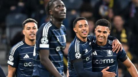 Aston Villa players celebrate after scoring in their Champions League tie against Young Boys