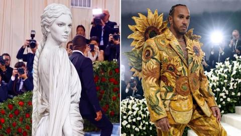 Composite of Kendall Jenner dressed as a marble statue, and Lewis Hamilton wearing a sunflower-themed yellow suit