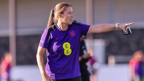 Head Coach Lydia Bedford of England gestures during the International friendly match between Portugal and England