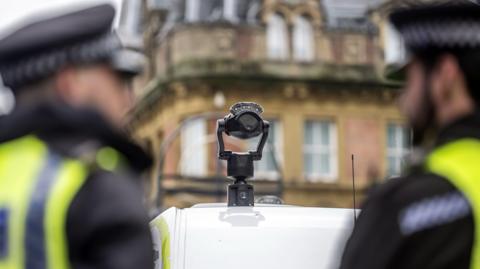 A general view of a camera on top of a live facial recognition (LFR) van. 